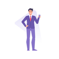 Happy stylish business man wearing tie suit standing with paper coffee cup vector flat illustration
