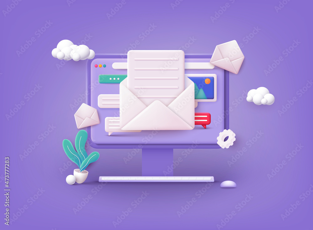Poster mail service concept. computer with open pages. 3d web vector illustrations.