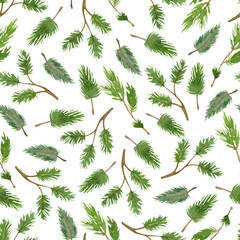 Watercolor seamless pattern with  green pine tree branches on white background. Great for fabrics, wrapping papers.