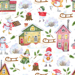 Seamless pattern with cheerful snowmen playing in village outdoor on white background. Watercolor hand painted illustration. Winter design.