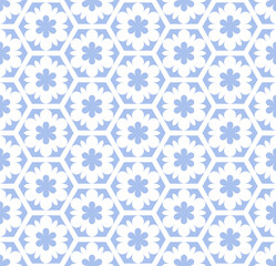 Seamless blue hexagons and flowers pattern. Abstract floral texture.