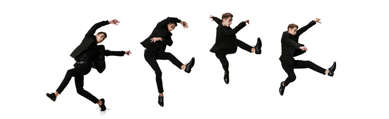 Development of movements. Young man in black business suit moves isolated on white background....