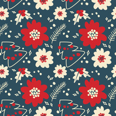 Christmas seamless pattern with flowers and doodle trees.  Hand Draawwn retro floral vector background  