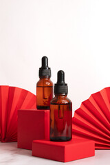 Skin and body care concept. White background with textured folded paper fans. Top horizontal view copyspace.