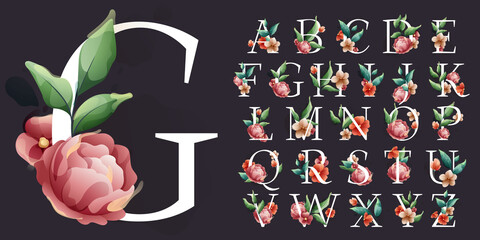 Serif alphabet in watercolor style with flowers and leaves. Herbs like peonies, and chamomile, and buds. © kaer_fstock