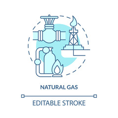 Natural gas turquoise blue concept icon. Fuel extract Nonrenewable sources abstract idea thin line illustration. Isolated outline drawing. Editable stroke. Roboto-Medium, Myriad Pro-Bold fonts used
