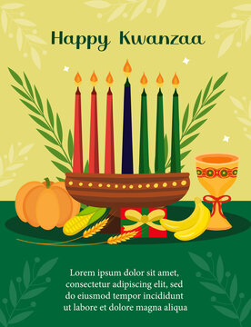 Happy Kwanzaa poster greeting card. African American holiday festival template for your design with kinara. Vector illustration