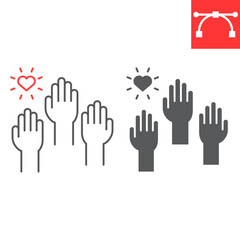 Volunteering line and glyph icon, teamwork and volunteer, hands up vector icon, vector graphics, editable stroke outline sign, eps 10.
