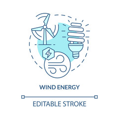 Wind energy turquoise blue concept icon. Green technology. Renewable energy abstract idea thin line illustration. Isolated outline drawing. Editable stroke. Roboto-Medium, Myriad Pro-Bold fonts used