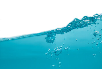 Water waves splash with air bubbles, isolated on the white background. abstract blue water waves on a white background. for a product, advertising,text space
