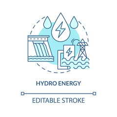 Fototapeta premium Hydro energy turquoise blue concept icon. Hydroelectric power station abstract idea thin line illustration. Isolated outline drawing. Editable stroke. Roboto-Medium, Myriad Pro-Bold fonts used