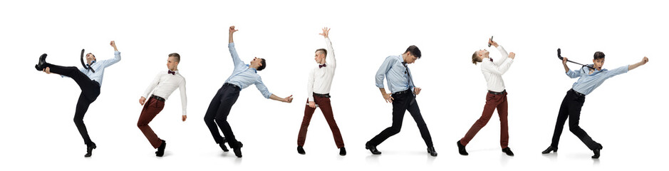 Happy office workers dancing, playing sport games, singing in business style clothes or suit on...