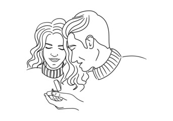 Couple outline sketch. A man and woman in love. The Man offering engagement ring. Romantic, proposal, marriage or wedding concept. Hand drawn vector illustration.