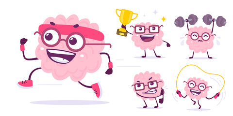 Vector set of creative illustration of happy and angry brain character in different pose. Flat doodle style knowledge concept design of emotional brain in glasses with golden cup and dumbbell