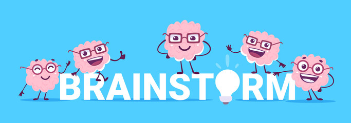 Vector creative illustration of group of happy pink brain character in glasses and word brainstorm on blue color background. Flat doodle style knowledge concept design of happy human brain character