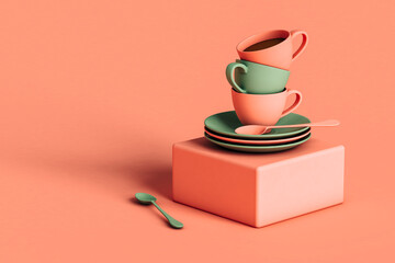 Three dimensional render of three coffee cups stacked on top of plates lying on square block