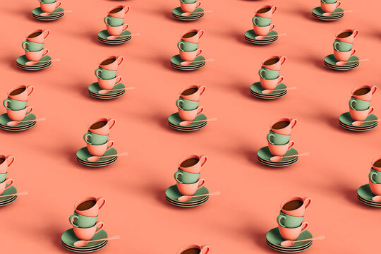 Three dimensional pattern of rows of coffee cups stacked on top of plates flat laid against pastel pink background