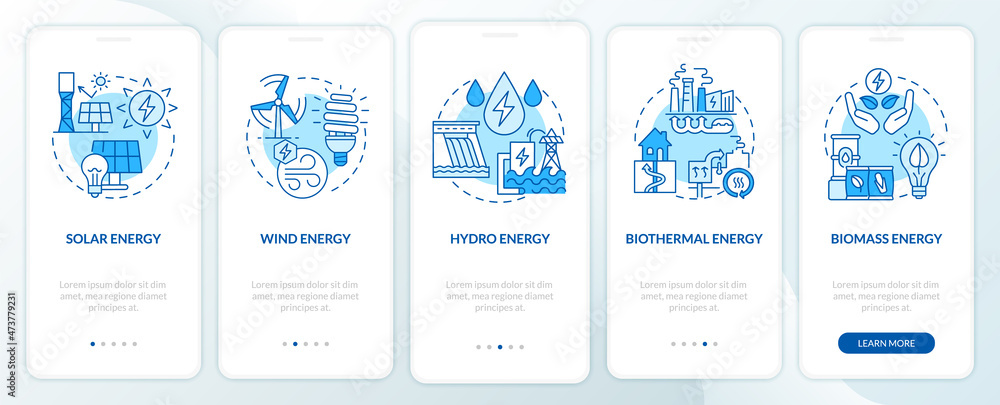Poster renewable energy sources types onboarding mobile app page screen. power walkthrough 5 steps graphic 