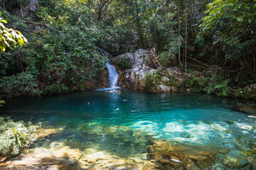 View of the beautiful Cachoeira de Santa Barbara (Saint Barbara Waterfall) at Chapada dos Veadeiros - Cavalcante, Goiás, Brazil