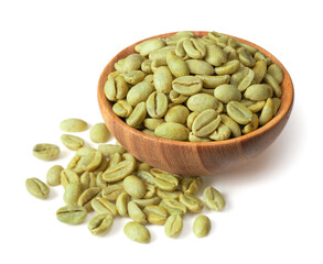 Green coffee beans in the wooden bowl, isolated on white background