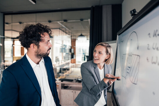 Female entrepreneur explaining business plan to partner in office