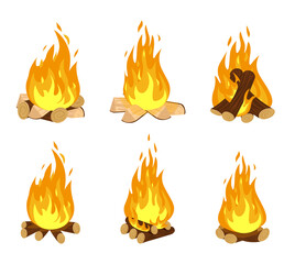 Firewood flames, burn campfire or bonfire flame fireplace. Cartoon vector illustration isolated symbols set. Wood campfire set, travel and adventure symbol