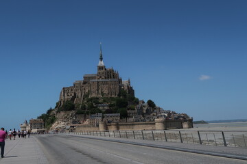 Mont saint michel architecture panoramic beautiful postcard view at Dusk in Summer Low Tide, France