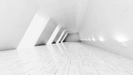 Three dimensional render of white empty corridor with slanted walls