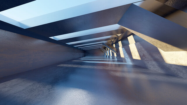 Three dimensional render of empty concrete corridor