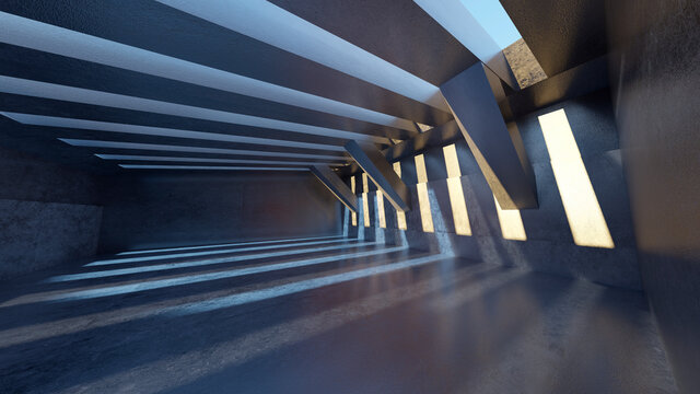 Three dimensional render of light pouring into empty concrete corridor