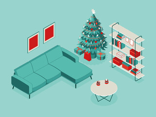 Colorful isometric Christmas illustration showing an interior with furniture and Christmas decorations. Vector illustration in flat design. Holiday season picture in red, blue and white. 