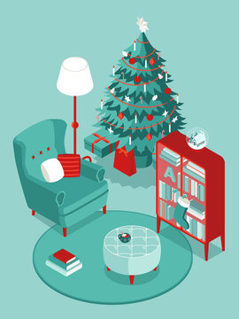 Colorful isometric Christmas illustration showing an interior with furniture and Christmas decorations. Vector illustration in flat design. Holiday season picture in red, blue and white. 