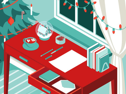 Colorful isometric Christmas illustration showing an interior with furniture and Christmas decorations. Vector illustration in flat design. Holiday season picture in red, blue and white. 