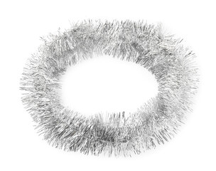 Shiny silver tinsel isolated on white, top view