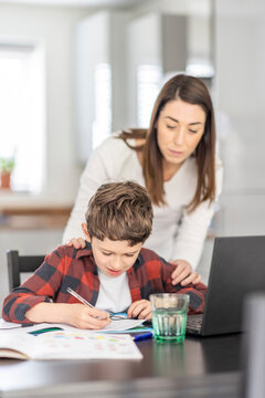 Mother assisting son studying at home