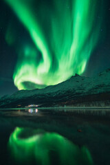Northern lights known as aurora borealis over the arctic landscape in Norway. High quality photo