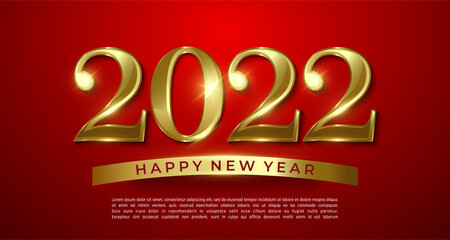 2022 Happy New Year golden shine 2022 lettering on red background