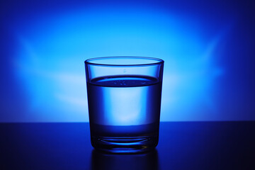 A glass with water at blue background	