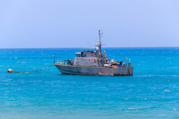 Warship anchored in the Indian ocean near Zanzibar, Tanzania