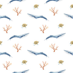 Watercolor seamless pattern with shark and corall. Underwater world.