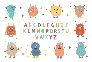 Colorful Set of Cute Monsters. Collection of cute cartoon characters in simple hand-drawn scandinavian style. ABC Alphabet childrens decorative font.