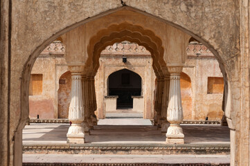 Columned hall of Amber fort. Jaipur, Rajasthan, India