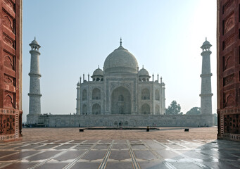 Fototapeta na wymiar Taj Mahal at sunrise UNESCO World Heritage Site Agra Uttar Pradesh India Asia. Crown of the Palace is an ivory-white marble marble mausoleum