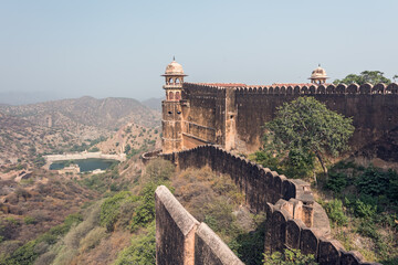 Columned hall of Amber fort. Jaipur, Rajasthan, India