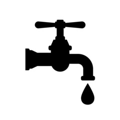 Silhouette of a faucet with a drop of water in black, isolated on a white background. Vector stock icon.