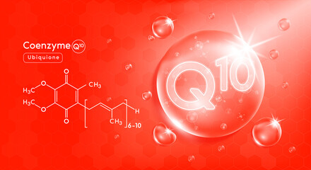 Drop water vitamin Q1 red and structure. Vitamin complex with Chemical formula from nature. Beauty treatment nutrition skin care design. Medical and scientific concepts. 3D Realistic Vector EPS10.