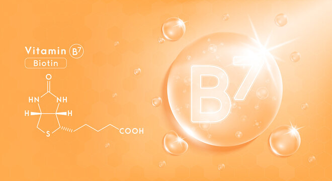 Drop water vitamin B7 orange and structure. Vitamin complex with Chemical formula from nature. Beauty treatment nutrition skin care design. Medical and scientific concepts. 3D Realistic Vector EPS10.