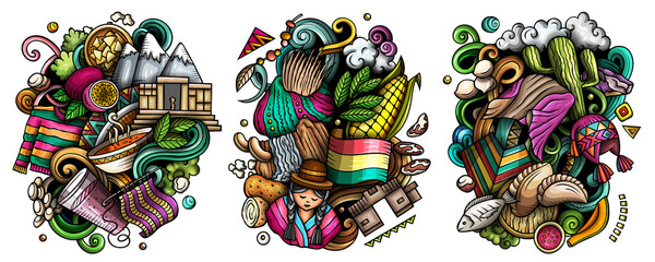 Bolivia cartoon vector doodle designs set. - obrazy, fototapety, plakaty