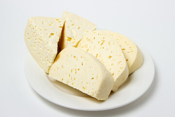 White cheese on a white background. Homemade white cheese on a plate. Traditional cuisine
