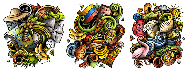 Ecuador cartoon vector doodle designs set. - obrazy, fototapety, plakaty